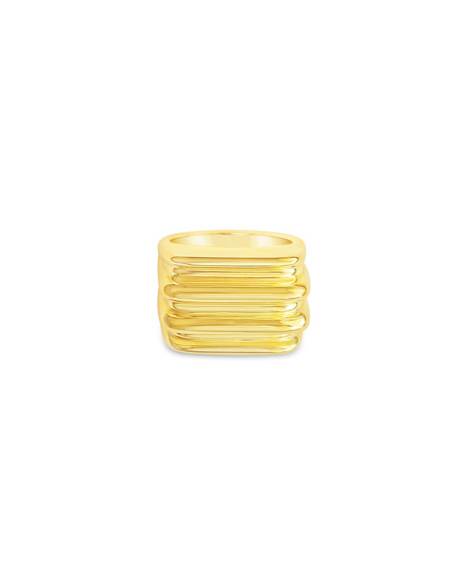 Gold ring with a ribbed design on a white background
